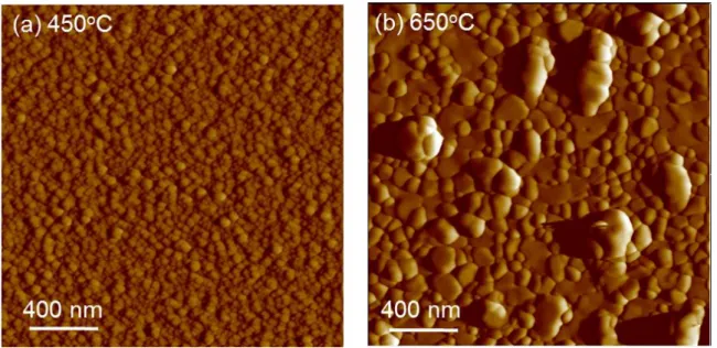 Figure 1. Atomic force microscopy images of (a) LSC_450C with a smooth and uniform  microstructure, and (b) LSC_650C with varying sizes and shapes of grains on the surface