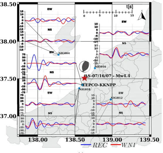 Figure 3: Simulations performed by WNI method of the NCOEQ2007 M j 4.4 aftershock of July 16, 21.08h