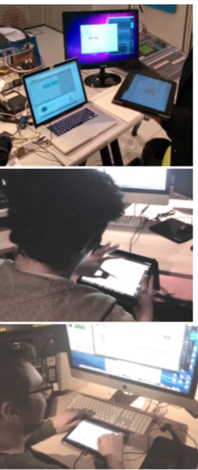 Figure 5: Composers using  Trajectoires while working on  sound spatialization in the studio