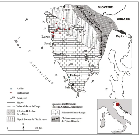 Fig. 1. Carte morphostructurale simplifiée de l’Istrie (d’après Fouache 2001,13) où sont figurés la localisation des  ateliers de Loron et Fažana et les points de prélèvement d’échantillons de sédiments.