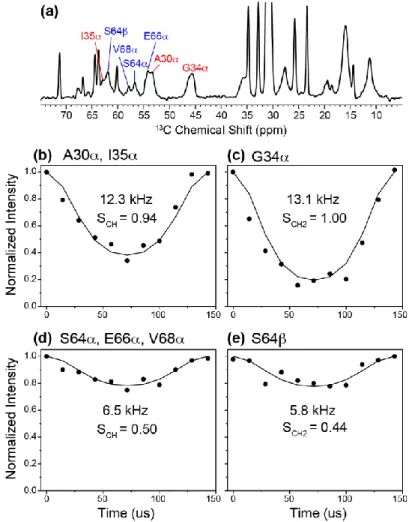 Fig.  7.  13 C- 1 H  dipolar  couplings  of  DMPC-bound  M2(22-71)  at  303  K  from  the  DIPSHIFT  experiment