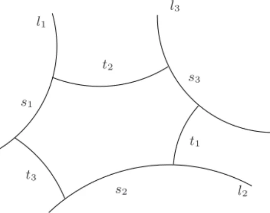 Figure 1. Six geodesic lines enclosing a hexagon.