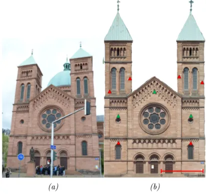 Figure 2.2: (a) One image of the main façade in the St-Pierre dataset. (b) An orthophoto of the façade
