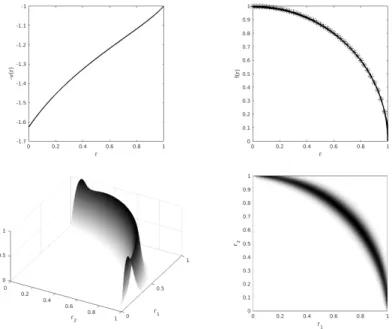 Fig. 5 Top-Left: Kantorovich Potential v(r). Top-Right: Numerical co-motion function (solid line) and analytical co-motion (star-solid line) 