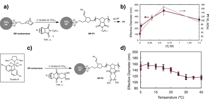FIGURE 3. a) SI-ROMP synthesis of NP-P1 with varying monomer 1 concentrations and cleavage of P1 off  the  surface