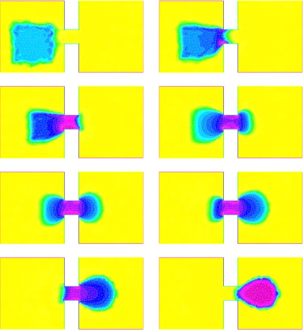 Figure 3: Time evolution of the density. Soft congestion case m = 6. The color scale are the same as in figure 1 right.