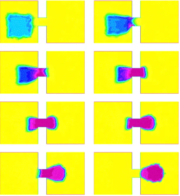 Figure 4: Time evolution of the density. Hard congestion case. The color scale are the same as in figure 1 right.