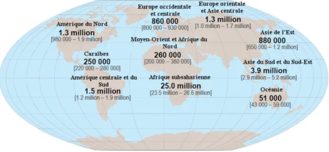 Figure  8  Schéma  de  la  repartition  de  l’épidémie  du  VIH  dans  le  monde  en  2013  (d’après  le  rapport ONUSIDA 2013)  