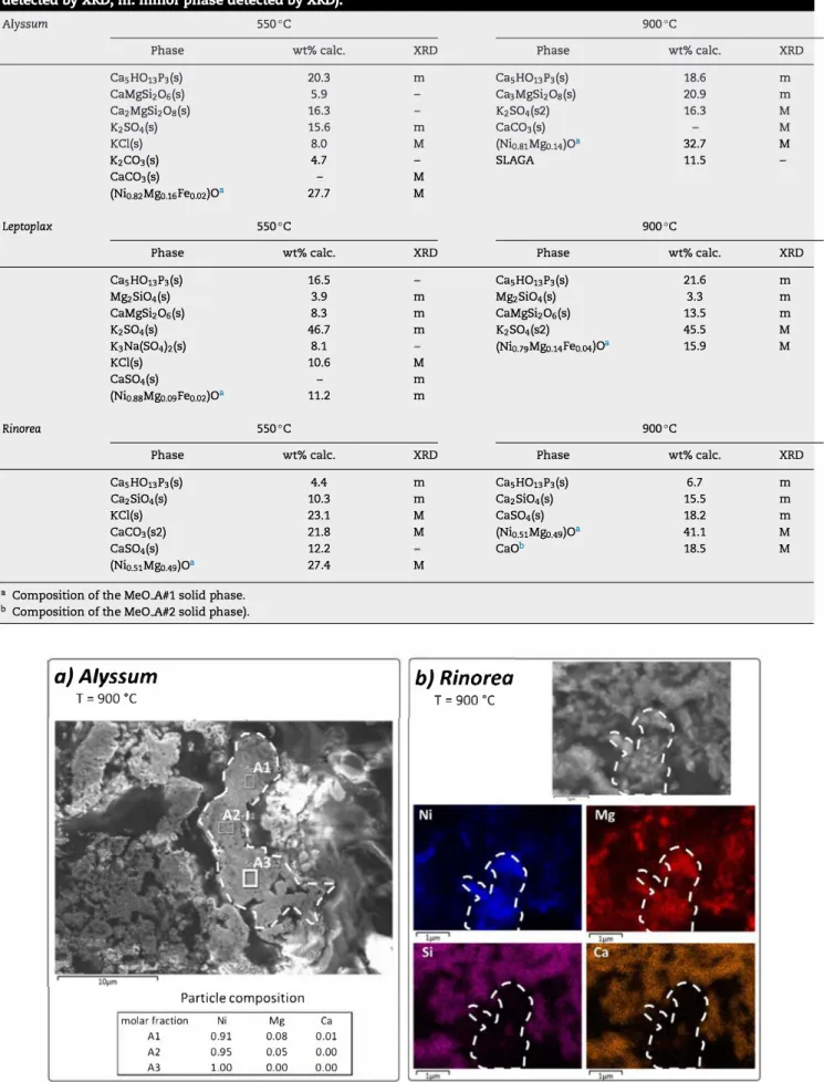 Table 2 - Comparison between the phases in the solid residues from calculation and XRD analysis (M: major phase  detected by XRD; m: minor phase detected by XRD)