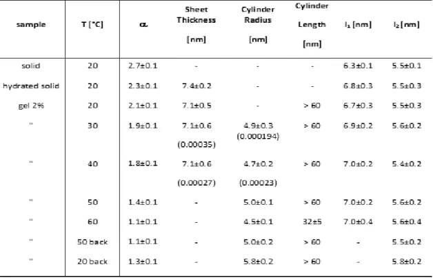 Table 1. Results of fitting of SAXS curves: dry solid, solid after 24h hydration, gel 2wt%