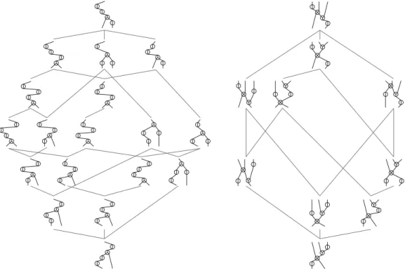 Figure 7. The δ-permutree lattices, for δ = (left) and δ = (right).