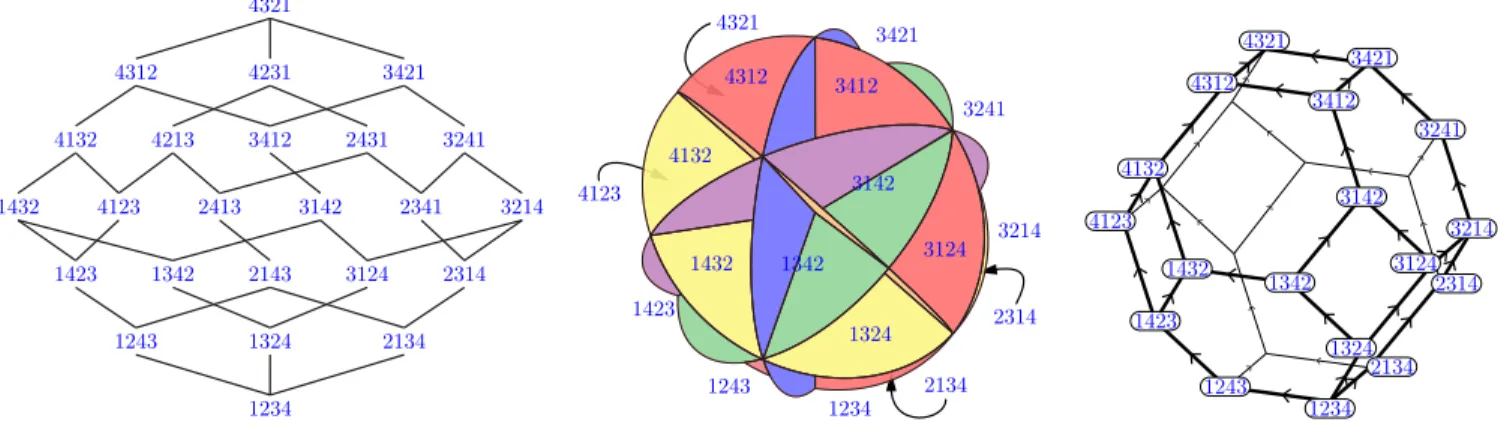 Figure 1. The Hasse diagram of the weak order on S 4 (left) can be seen as the dual graph of the braid fan F 4 (middle) or as an orientation of the graph of the permutahedron Perm 4 (right).