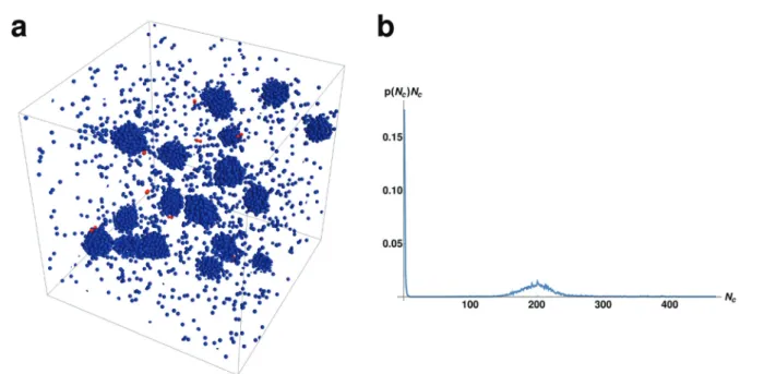 Fig. 5 (a) A snapshot of a chemically active system with N = 3750 and M = 15. The system undergoes microphase separation into many droplets of approximately equal size