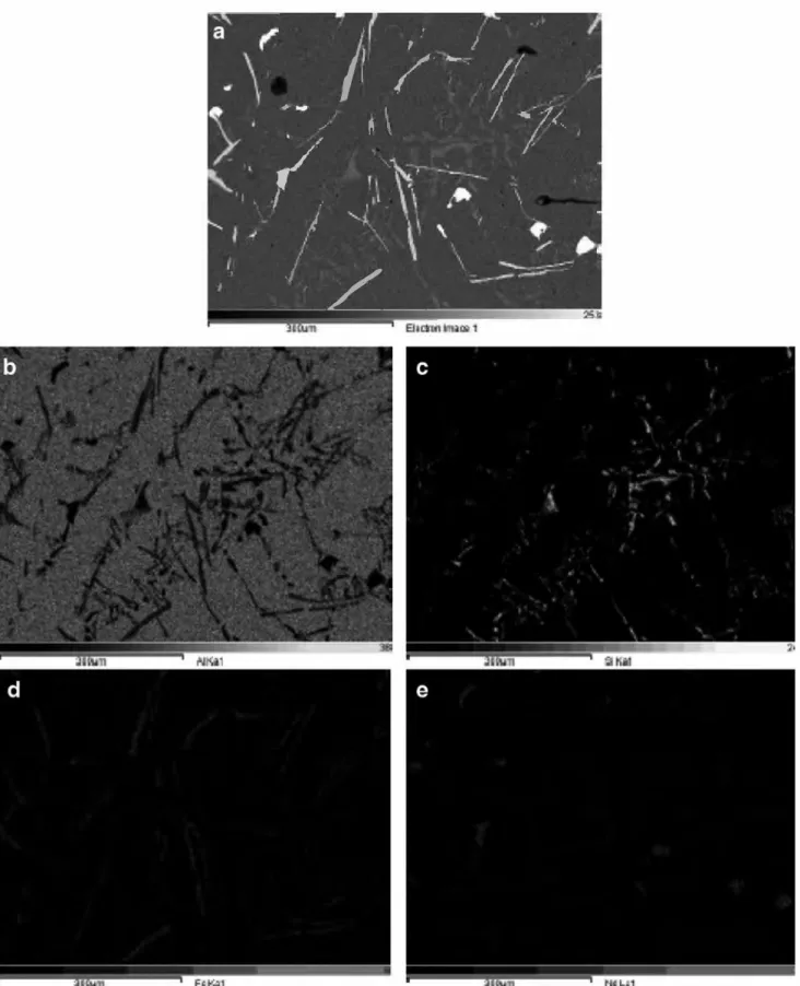 Fig. 4  Backscattered electrons SEM micrograph of Al-7Si-1Fe-1Nd  alloy  (a)  and  related  EDS mappings of aluminium  (b),  silicon  (c),  iron  (d) and neodymium  (e)
