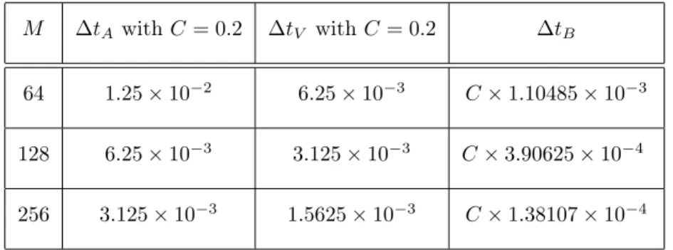 Table 2: The largest time steps allowed for stability, for µ = 1, ν e = 1 and M from 64 to 256: ∆t A computed with the condition (23) and used in the simulations, ∆t V and ∆t B determined with the conditions of [17] and [5].