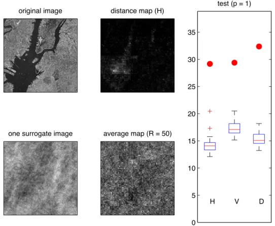 Figure 2. A “nonstationary” scene and one of its stationarized surrogates are displayed in the left column, while the middle column represents the corresponding (horizontal) distance maps between local and global scalogram spectra, the bottom one being an 