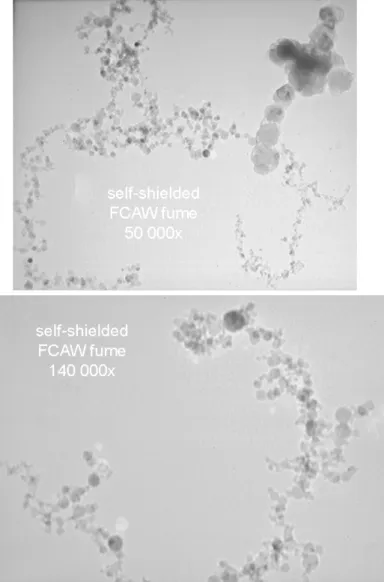 Figure 3.3 Transmission electron micrograph of aerosol particles from mild steel FCAW fume