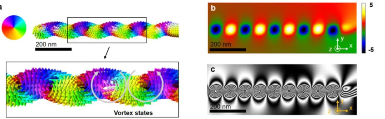 Figure 3: Results from micromagnetic simulation. (a) 3D representation of the simulation showing the magnetic  vectors with their x-y-direction indicated by the color wheel