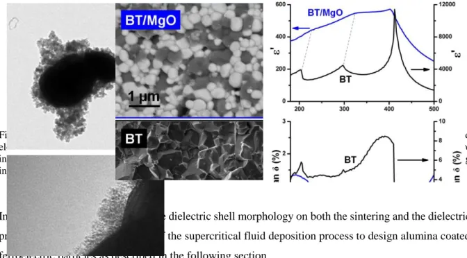 Figure 2. a) (a) TEM image of BT@MgO nanoparticles processed by thermolysis b) SEM image (back scattered  electron) of the nanostructured ceramic obtained after SPS at 1100°C under a pressure of 2.5kN (MgO grains are  in black) c) Temperature dependence of
