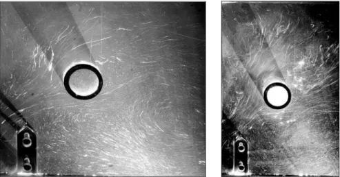 Fig. 9 - Flow visualizations in a fishway with a cylinder: I = 10 %, B/b = 9 and 6.66, Q = 23 L/s at Z/b = 0.26 