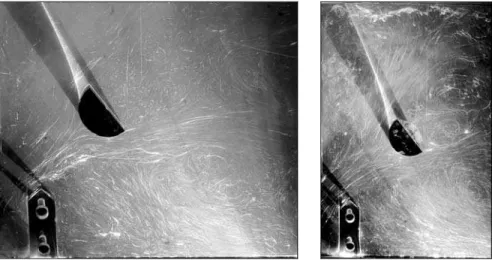 Fig. 10 - Flow visualizations in a fishway with a half-cylinder (round face directed towards the flow): I = 10 %, B/b = 9  and 6.66, Q = 23 L/s at Z/b = 0.26 