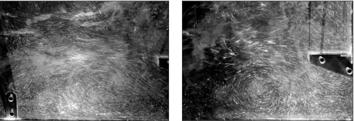 Fig. 3 - Flow visualizations in a vertical slot fishway: I = 10 %, B/b = 9, Q = 23 L/s at Z/b = 0.26 
