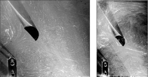 Fig. 8 - Flow visualizations in a fishway with a half-cylinder (plane face directed towards the flow): I = 10 %, B/b = 9  and 6.66, Q = 23 L/s at Z/b = 0.26 
