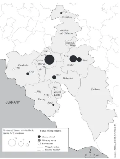 FIGURE 5. Spatial projection of degree of centrality of stakeholders in Ekoregion Uhlava LAG RYSUNEK 5