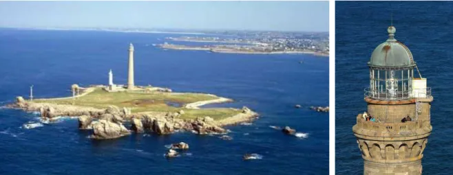 Figure 2 – Ile Vierge lighthouse. (a) Left: aerial view of the island – (b) Right: aerial view of the lantern room  and the balcony around its basement wall [A3] [A4]