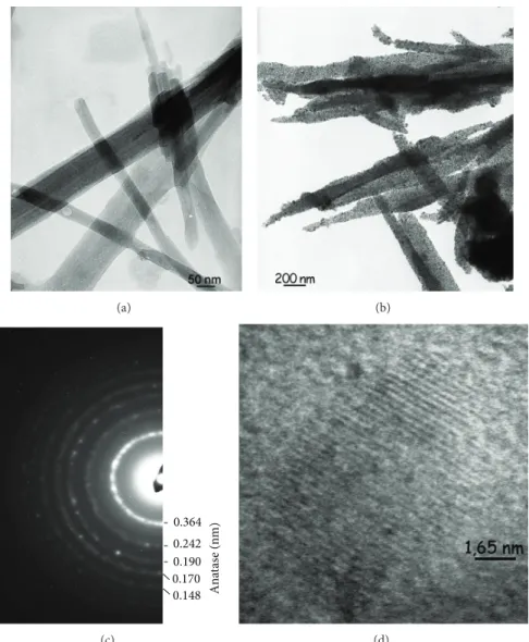 Figure 1: TEM micrographs of pristine palygorskite Na + -Pal (a) and TiO 2 -Pal (b) samples