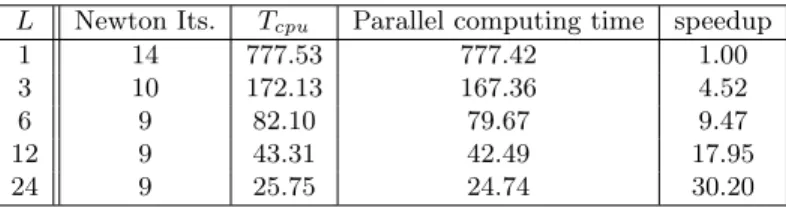 Table 2. Performance of ParaOpt: total computing time T cpu , parallel computing time only in seconds and speedup (T cpu (L = 1)/T cpu (L)).