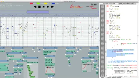 Figure 1: The AscoGraph visual editor for Antescofo mixed music scores. Right: the textual score describing acoustic events and connected electronic actions