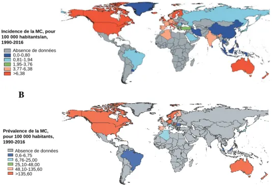 Figure 2 : Incidence, prévalence et répartition géographique de la MC dans le monde entre 1990 et 2016.