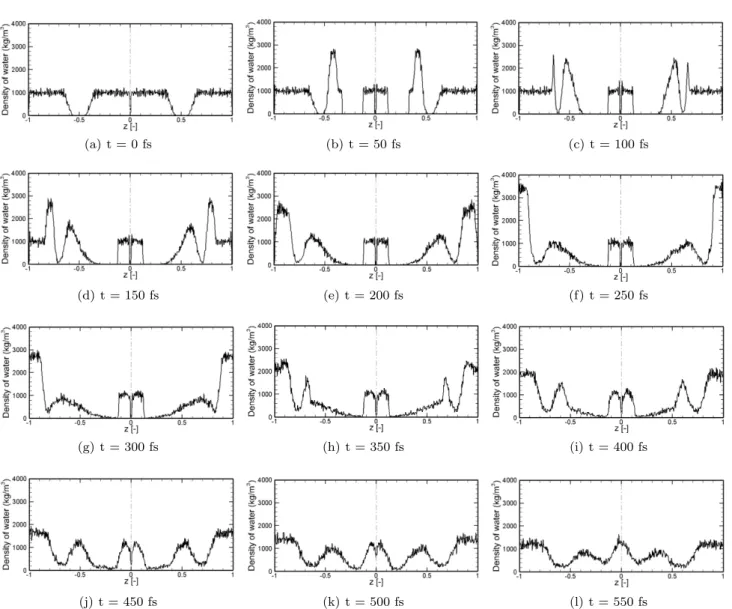 Fig. 10 Water density profiles for I = 0.3 mP a · s and the NVE ensemble for time step 0.01 fs