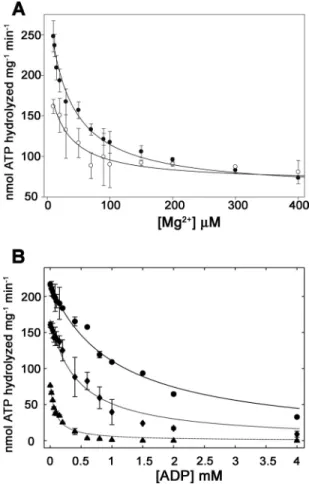 FIGURE 2. ATP turnover inhibition by Mg 2ⴙ and ADP. A and B, the ATPase activity of TrwD (1.9 ␮ M as a monomer) was measured over a range of Mg 2⫹