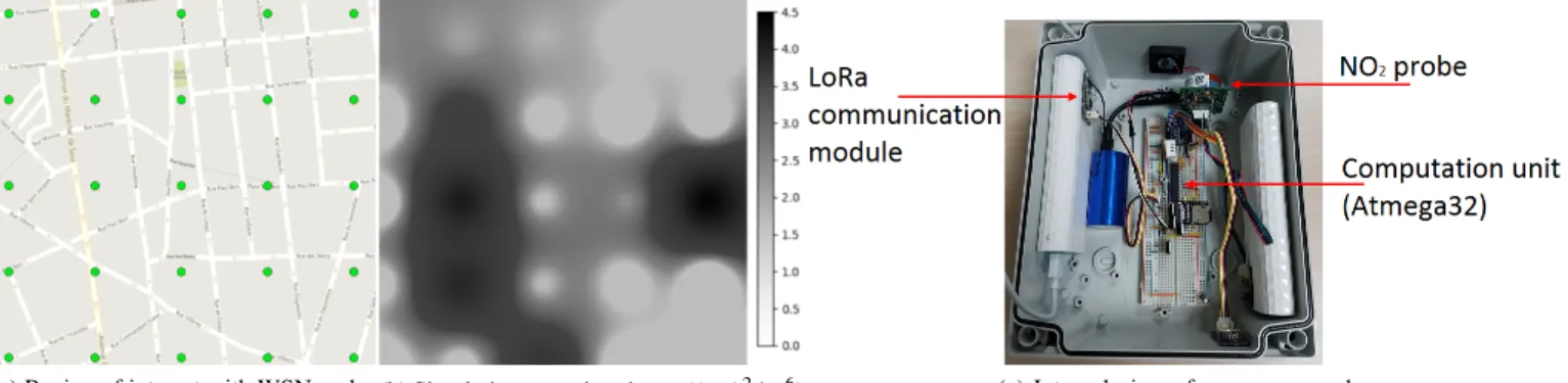 Fig. 1: WSN nodes locations, simulation errors corresponding to the district of La-part-dieu, Lyon, France during June, 2008 and an internal view of our sensor nodes.