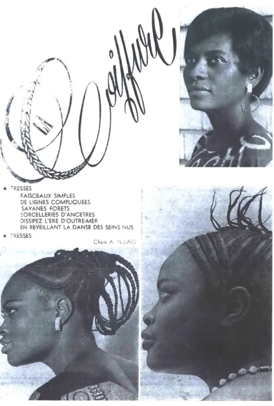 Fig.  6 - la  page  de coiffure  dans  le  premier  numero de  la  nouvelle  serie,  qui montre plus des  coiffures  tressees  (octobre  1972).