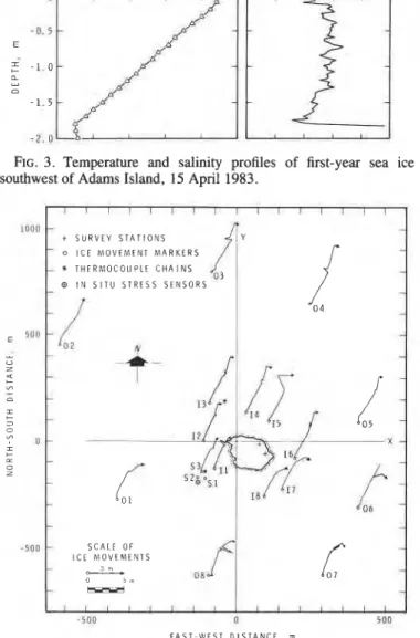 FIG. 4.  Ice movement array and  ice movements at Adams Island,  March-June  1983. - t  S U R V E Y   S T A T I O N S  - 0  I C E   M O V E M E N T   M A R K E R S  - * T H E R M O C O U P L E   C H A I N S   ~3 I N   S I T U   S T R E S S   S E N S O R S 
