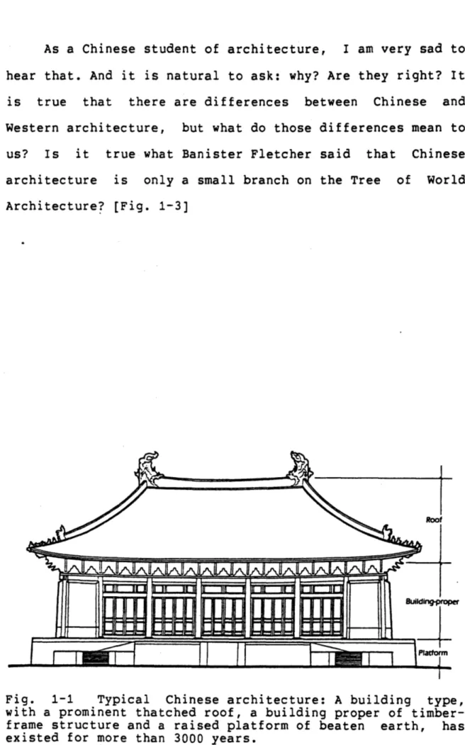 Fig.  1-1  Typical  Chinese  architecture:  A building  type, with  a prominent  thatched  roof,  a building  proper  of   timber-frame  structure  and  a raised platform of  beaten  earth,  has existed  for  more  than  3000  years.