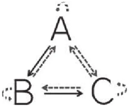 Figure 3:   Typical  paradigm  for  experiments  on  stimulus  equivalence.  In  this  experimental design, the black arrows illustrate the trained associations