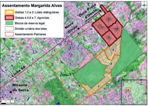 Figura 1: Agrovilas, lotes retangulares e reserva legal  do Projeto de Assentamento Margarida Alves.
