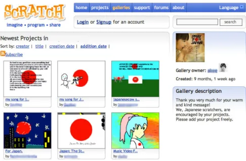 Figure 2. A gallery created by a Scratch member to collect Scratch projects expressing support and  condolences for the people of Japan