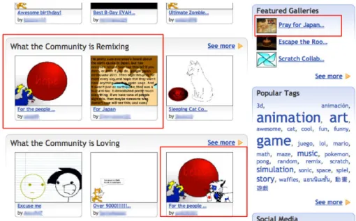 Figure 4. The Scratch homepage soon after the 2011 Japanese earthquake, with projects raising  awareness and sharing support appearing under “What the Community is Remixing” along with a  featured gallery (top right) called “Pray for Japan” that was collec