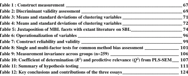 Table 1 : Construct measurement ____________________________________________________________________ 67 Table 2: Discriminant validity assessment ___________________________________________________________ 69 Table 3: Means and standard deviations of clust