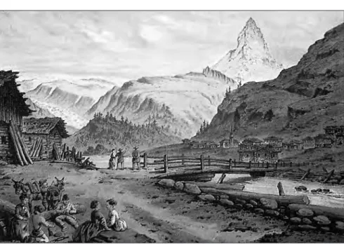 Abb. 3: Zermatt um 1860 mit dem Hotel Monte Rosa nach dem Umbau 1855–1858  (neben der Kirche) und dem 1852 eröffneten Hotel Mont Cervin (rechts)