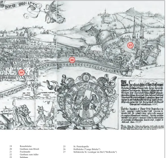 Abb. 3: Schauplätze des 4.–10. April 1578 auf der Stadtansicht von Luzern des Martin Martini (1597)