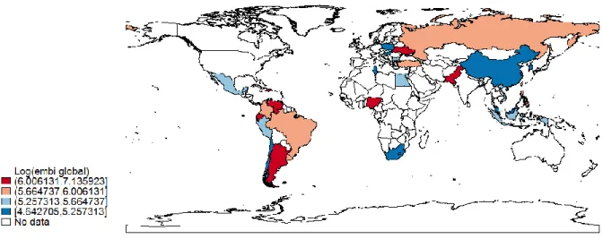 Figure 1: World map of emerging markets bonds index global from 2000 to 2013 