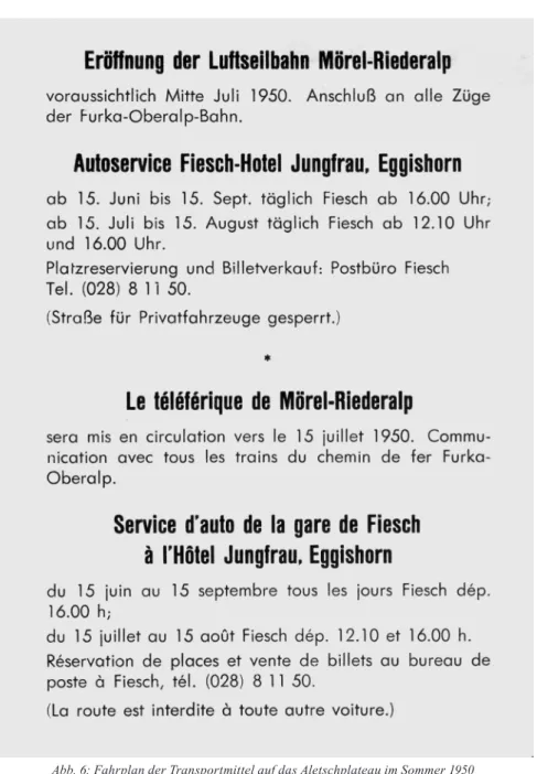 Abb. 6: Fahrplan der Transportmittel auf das Aletschplateau im Sommer 1950  (Sammlung des Autors)