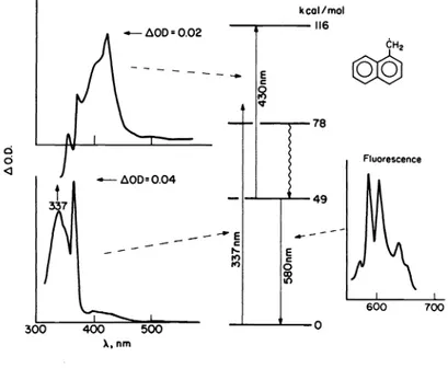 Fig. 2 Generation of excited radicals by excitation of 1—naphthylmethyl radicals at 337 nm, and approximate energy levels involved.
