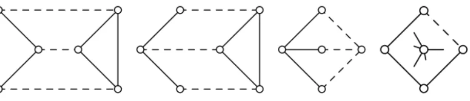 Figure 1: Prism, pyramid, theta and wheel (dashed lines represent paths)